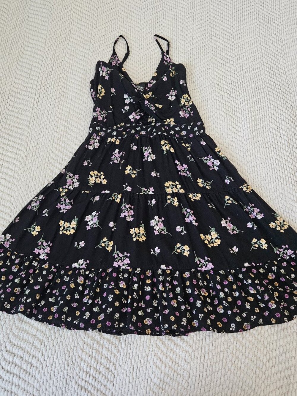 Black Floral Tie-Front Smocked Mini Dress Size L Boho